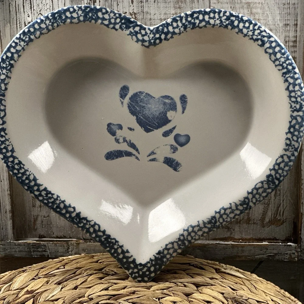 Vintage Blue Spatter or Sponge Stoneware Heart Shape Pie Pan or Bowl Grandmacore